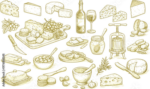 Hand-drawn wine elements collection: bottle, glasses, barrel, grapes, cheese, corkscrew, and leaves
Italian cuisine hand drawn elements set: wine, cheese, pizza and mediterranean food. Doodle style il