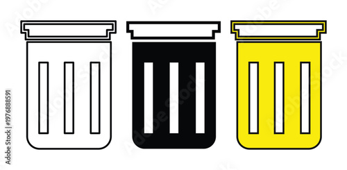 Minimalist trash can icon set, 3 vector garbage bin symbols, yellow and black waste basket graphics for UI design