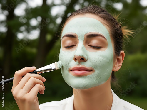 Woman applying facial mask with brush skincare and beauty treatment concept