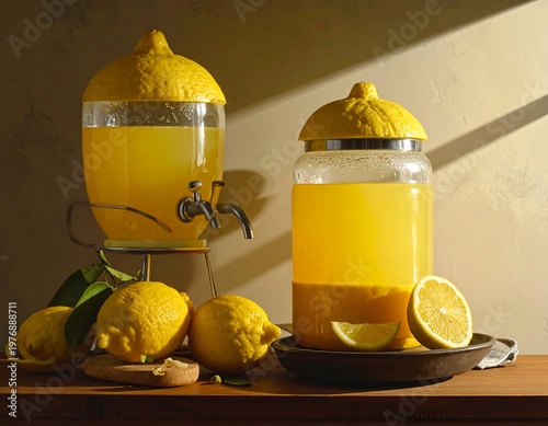 A refreshing still life of two glass jugs with lemon drink