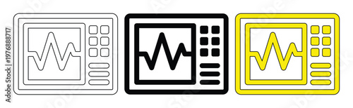 Medical heart rate monitor icon set, hospital patient life support screen vectors, clinical pulse wave display
