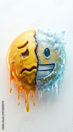 Melting and Frozen Emoji Face Representing Extreme Temperature and Mood Swings