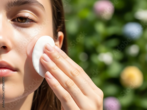 Woman applying skincare product with pad outdoors in sunlight