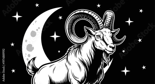 Black and white illustration of a majestic ram with large curved horns against a crescent moon and starry night sky