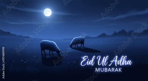 Beautiful Eid Ul Adha Mubarak greeting card with sheep grazing under a full moon at night