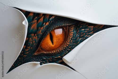 Close-up macro photography of a physical 3D sculptural , surface violently torn open from within, through the tear a massive dragon eye 