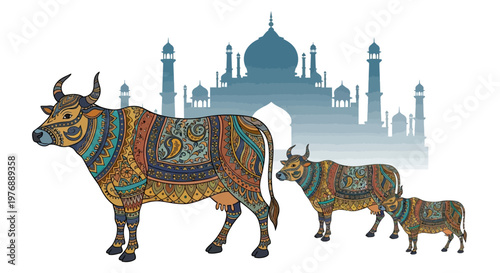 Ornate Indian cows, mother and calves, adorned with intricate patterns, in a vibrant illustration against the silhouette of an ancient landmark