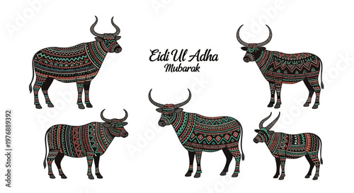 Vibrant illustrations of five intricately patterned horned cattle, representing symbols of tradition and festivity for a significant cultural observance