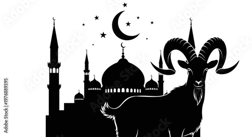 Eid al-Adha celebration illustration featuring a ram and a mosque under a starry crescent moon