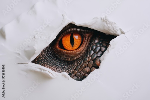 Close-up macro photography of a physical 3D sculptural , surface violently torn open from within, through the tear a massive dragon eye 