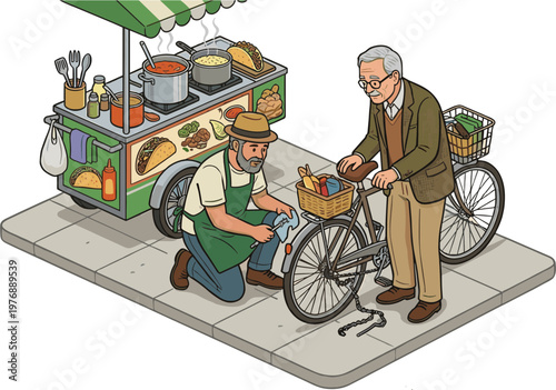 Man fixing bicycle while another man selling food from cart on sidewalk