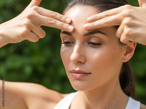 Woman gently massaging forehead outdoors wellness and skincare concept