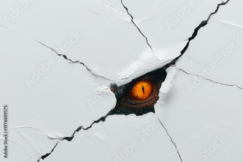 Close-up macro photography of a physical 3D sculptural , surface violently torn open from within, through the tear a massive dragon eye 