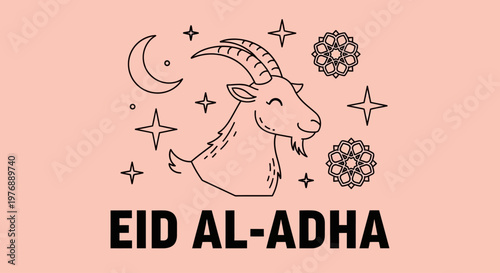 Celebrate the joyous occasion of Eid al-Adha with this festive illustration featuring a goat, crescent moon, and traditional patterns, perfect for greetings and decorations