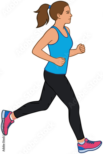 A woman wearing athletic clothing runs quickly outdoors in a city.