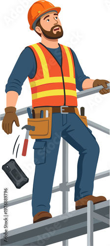 A construction worker wearing safety gear climbs scaffolding at a site