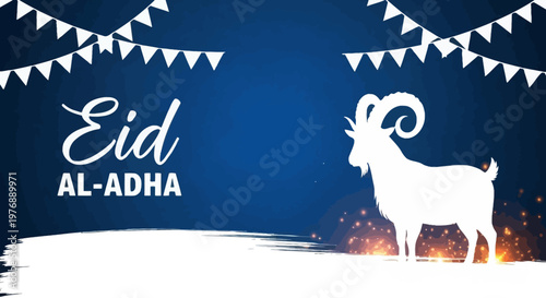 Celebrate Eid al-Adha with a Festive Banner Featuring a Silhouette of a Goat, Bunting, and Sparkles on a Blue Background