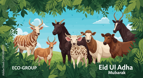 Eid Ul Adha Mubarak featuring a diverse group of farm animals in a lush, green, natural setting signifying blessings and prosperity