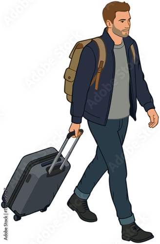 Man walks with luggage and backpack on city street at daytime