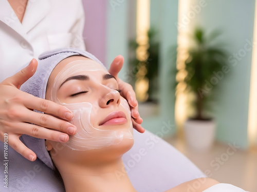 Woman receiving facial treatment with cream in a spa setting eyes closed