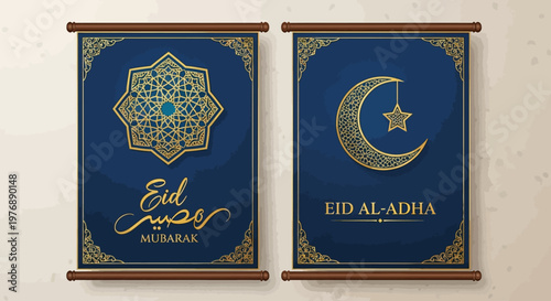 Elegant set of two festive Islamic holiday banners featuring intricate golden patterns on a deep blue background, perfect for religious celebrations and greetings