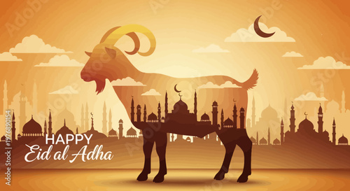 Celebrate the joy of Eid al-Adha with this vibrant illustration featuring a majestic goat silhouette filled with beautiful mosque and city skyline imagery, perfect for festive greetings