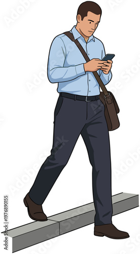 Man walks on curb while looking at phone with bag on shoulder