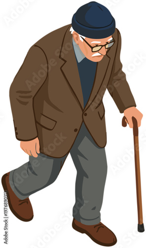 An elderly man walks with a cane on a road in daytime.