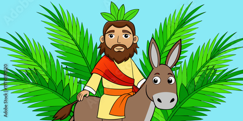Palm Sunday. Jesus Christ rides a donkey into Jerusalem against a background of green palm leaves.
