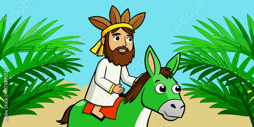Palm Sunday. Jesus Christ rides a donkey into Jerusalem against a background of green palm leaves.
