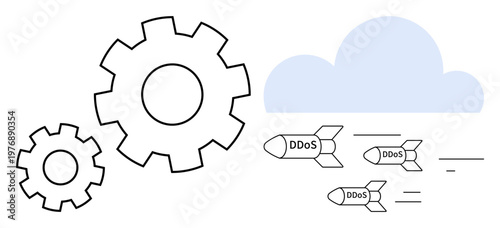 Cybersecurity, DDoS protection, data security, online threats, risk management, cloud infrastructure. Gears and missiles labeled DDoS near a cloud. Cybersecurity and DDoS protection concept