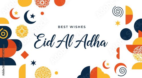 Vibrant Eid Al Adha greeting card featuring abstract geometric patterns, crescent moons, and stars in warm, festive hues, conveying heartfelt wishes for the Islamic holiday
