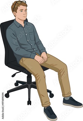 A man sits on a chair with wheels in a relaxed position.