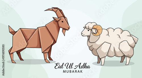 Origami goat and sheep illustration celebrating Eid al-Adha Mubarak with text
