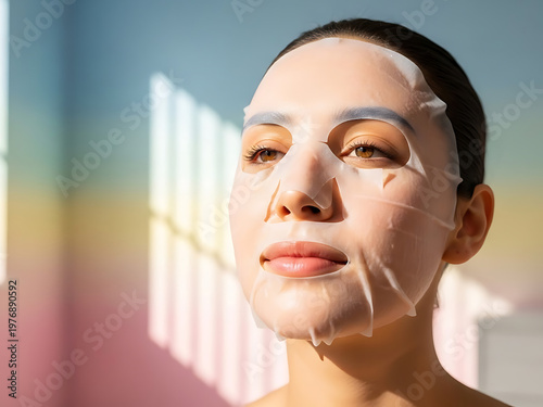 Woman with face mask enjoying sunlight for beauty and skincare treatment