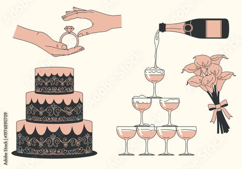 Elegant Wedding and Engagement Illustration Set with Tiered Cake, Champagne Tower, Diamond Ring, and Calla Lily Bouquet