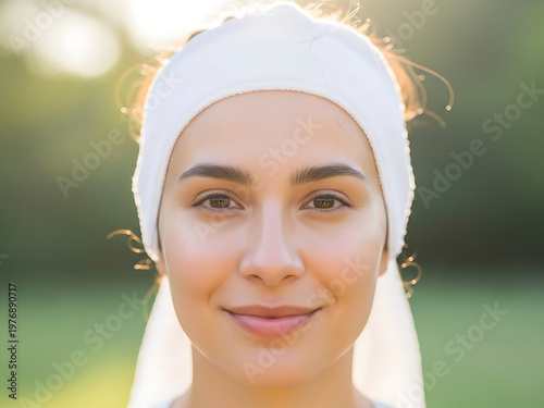 Woman with headband smiles against a blurred background in natural sunlight