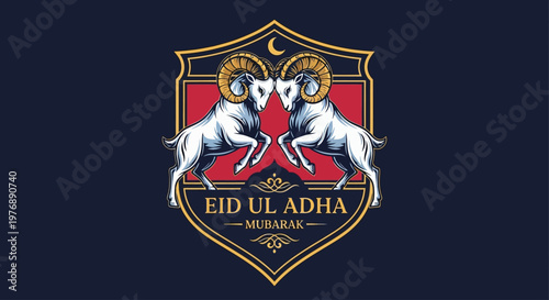 Eid Ul Adha Mubarak Islamic Festival Design with Ram Symbols and Ornate Borders