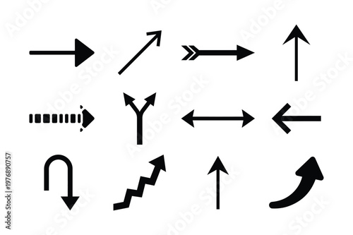 Collection of various black arrow icons indicating different directions and movements high quality professional detailed modern