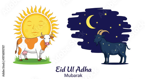 Happy Eid al-Adha Mubarak greeting card featuring a cow under the sun and a goat under the moon