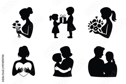 A set of black silhouettes depicting loving family relationships and affection