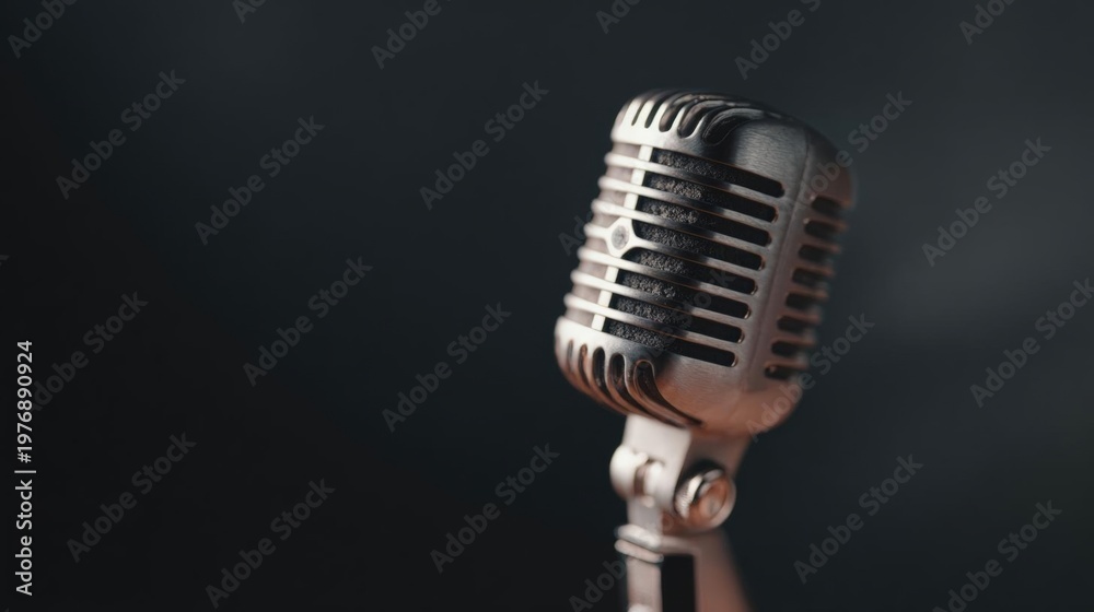 Fototapeta premium Close-up of an old-fashioned microphone. the microphone is silver in color and has a round shape with a curved top and a round base.