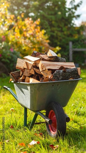 A wheelbarrow filled with chopped wood on grass