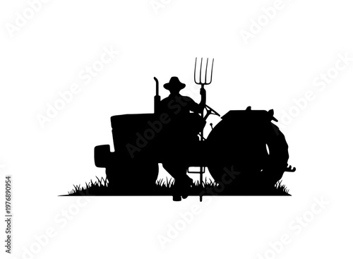 Farm Tractor Driver Silhouette with Pitchfork