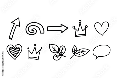 Collection of hand drawn doodle icons including arrows crowns hearts leaves and speech bubbles high quality