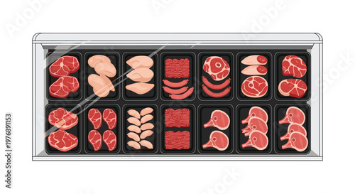 Fresh assorted raw meat cuts sit inside a chilled glass display case within a clean butcher shop environment under bright clinical overhead fluorescent light.