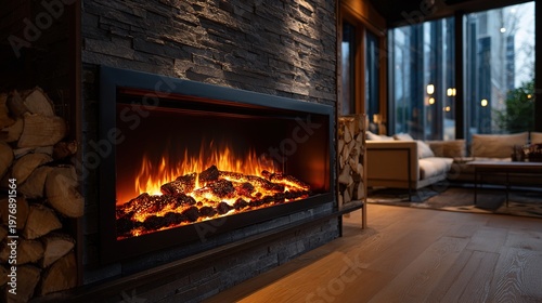 Black electric fireplace with realistic flickering firewood effect installed in cozy wooden interior. 