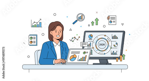 Professional woman in a blue blazer analyzes complex financial data on her laptop and large monitor while sitting at a desk in a bright corporate office.