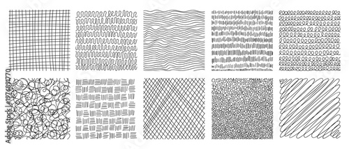 Pencil drawn crosshatch pattern collection with scribble techniques set. Textured line work creates shading depth. Ideal for hand-sketched background and artistic pencil illustration.