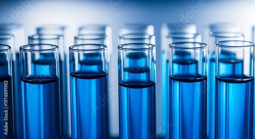 Title rows of blue liquid filled test tubes in a laboratory setting description a close up view of multiple glass test